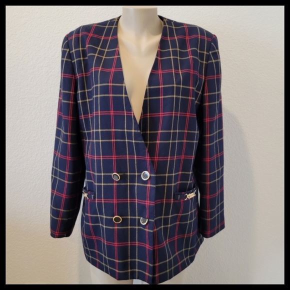 navy red plaid boyfriend blazer 16 - Picture 5 of 8